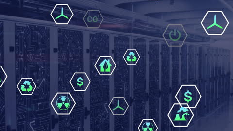 Futuristic Server Room with Digital Interface Icons Overlay