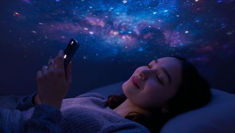 Woman Enjoying Cosmic Light Show on Smartphone in Cozy Bedroom