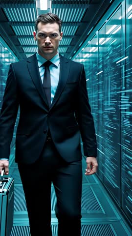 Executive Walking Futuristic Vault Corridor With Briefcase | Vertical Business Video