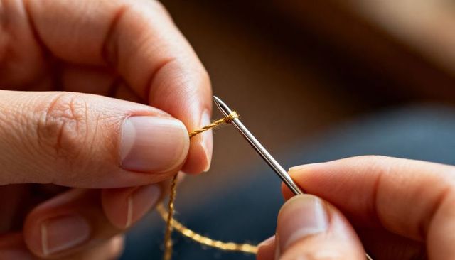 Crocheting Gold Yarn with Metal Hook, Nimble Hands Guiding Looped Stitches Closeup