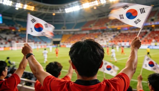 South korean football fans waving flags in stadium celebrating national team