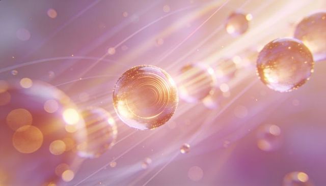 Ethereal glowing glass orbs with concentric light rings and pastel bokeh