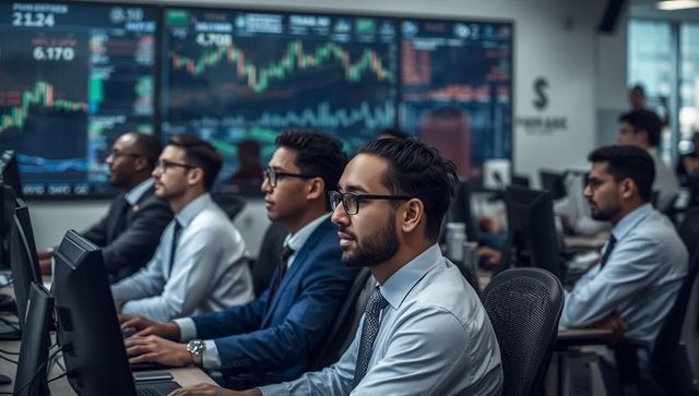 Traders Analyzing Stock Market Data on Trading Floor Monitors