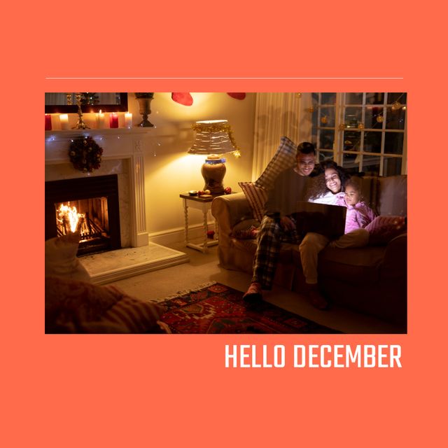 Composition of hello december text over biracial family at christmas. Christmas, winter and celebration concept digitally generated image.