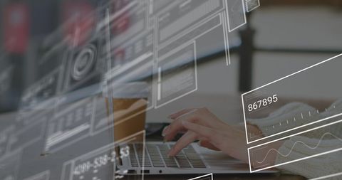 Hands Typing on Laptop with Futuristic Graphic Overlay