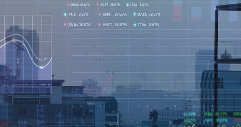 Market data overlays reflecting on hazy urban skyline with glass reflections and tickers
