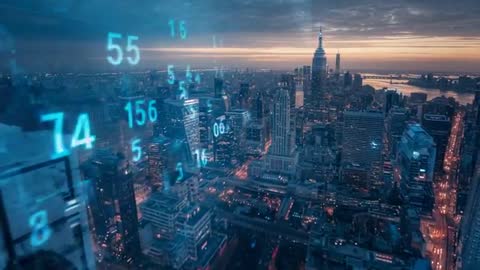 Futuristic Cityscape Displaying Digital Data at Sunset