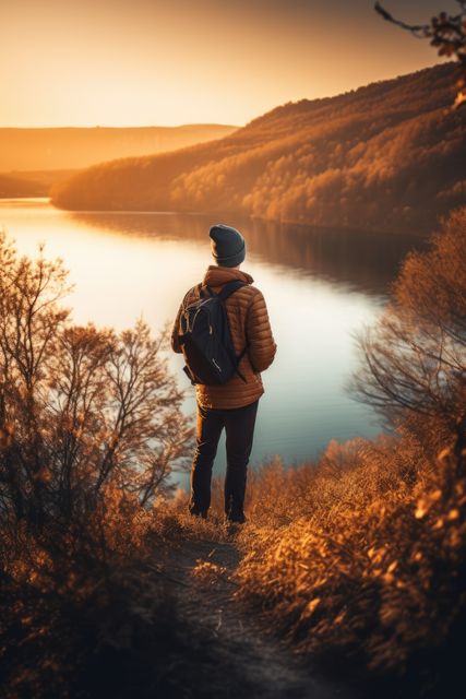 Caucasian male hiker looking at lake created using generative ai technology. Nature, mountains and hiking concept digitally generated image.