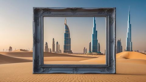 Surreal Desert Frame Overlooking Futuristic Cityscape