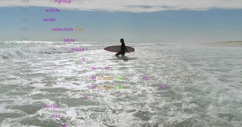 Female surfer wading into shallow surf carrying surfboard with code overlay silhouette