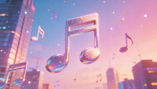 Glittering floating musical note over neon city skyline at dusk with galaxy sparkles bokeh