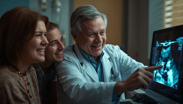 Senior doctor explaining ultrasound to expectant couple in clinic