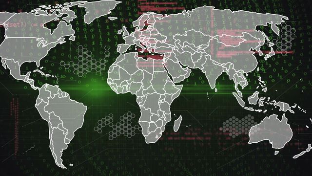 World map overlay on data processing visualization with green and black color scheme. Digital lines and hexagonal patterns suggest topics in technology, global networks, or cybersecurity. Useful for presentations, reports, and articles related to global data systems, IT infrastructure, cybersecurity, and technological advancements.