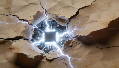 Microchip emitting blue-white lightning and sparks through torn paper revealing circuitry