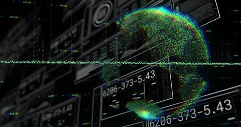 Holographic Data Globe Visualizing Global Network Traffic, Waveform and Cyber Dashboard