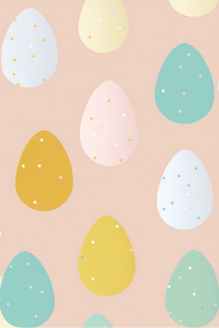 Seamless pattern of pastel-colored Easter eggs with dots on light background. Ideal for festive wrapping paper, holiday cards, invitation designs, and spring-themed digital projects.