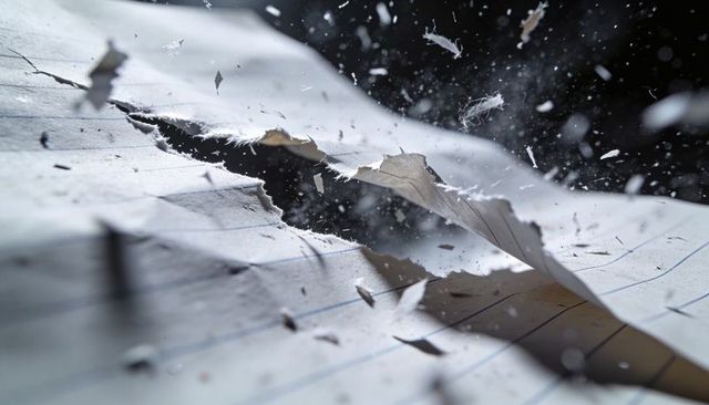 Torn blue-ruled notebook paper ripping with flying fibers macro texture