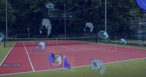 Futuristic Tennis Court with Holographic Data Displays Outdoors