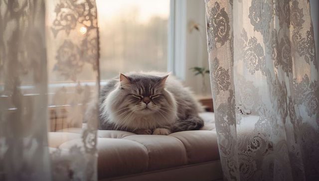 Serene long-haired gray tabby loafing on tufted window bench with lace curtains