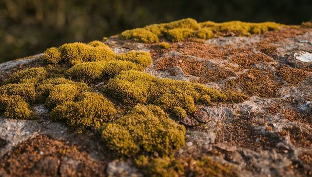 Sunlit cushion moss clusters forming golden green mounds on weathered rock surface closeup