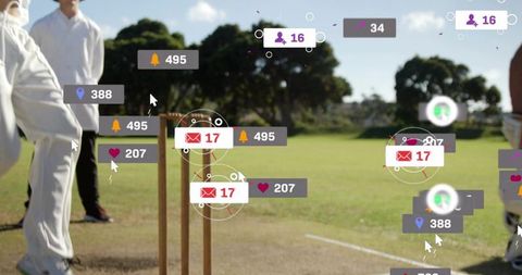 Cricketer striking ball with floating social media alerts showing rising engagement