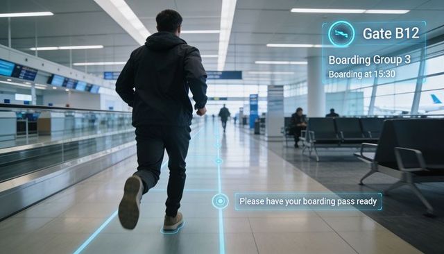 Running traveler chasing holographic boarding prompt toward gate b12 at futuristic airport