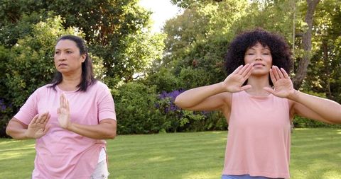 Mother and Daughter Practicing Tai Chi Together in Tranquil Park