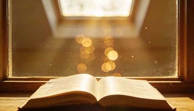 Golden Sunlight Streaming Across Open Book on Wooden Windowsill with Bokeh Dust Motes