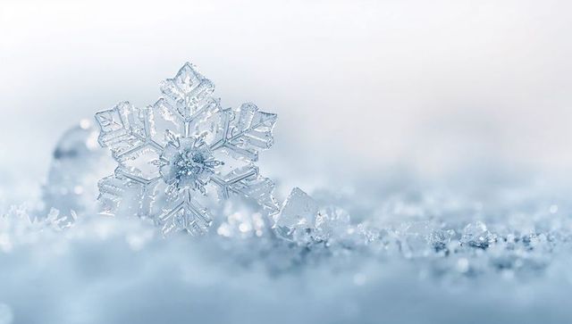 Resting snowflake crystal on frosty surface, sparkling ice shards, macro winter texture