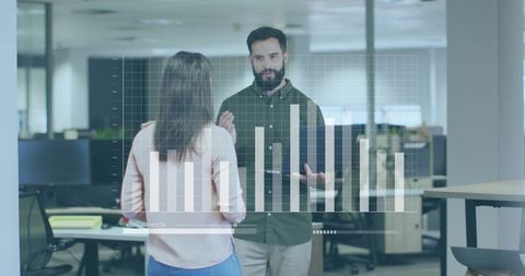 Colleagues Discussing Data Analytics with Transparent Bar Chart in Open-Plan Office