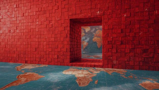 Red tile portal revealing world map floor in geometric abstract interior installation