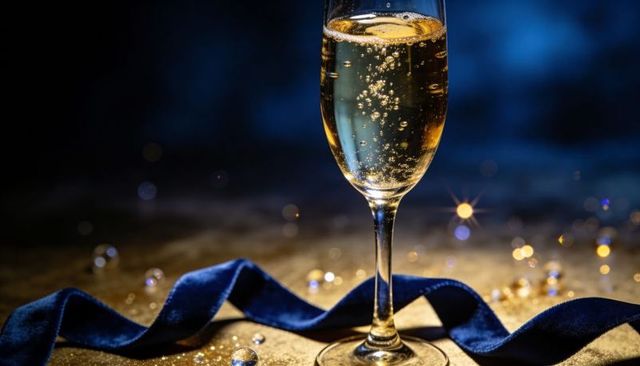 Champagne flute sparkling on gold table with deep blue velvet ribbon, bubbles and bokeh