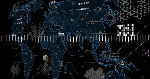 Futuristic World Map Interface with Tech Overlays