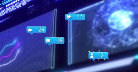 Floating blue social media notification bubbles over holographic dashboard with neon graph