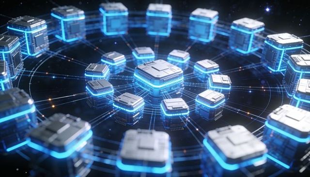 Glowing central processor connecting ring of cube nodes, neon network topology for blockchain