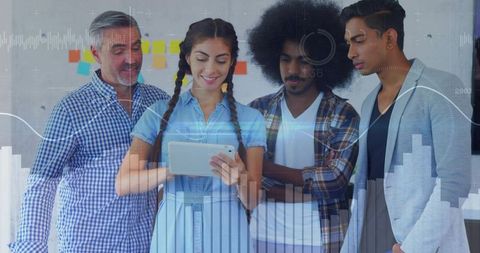 Diverse team collaborating around tablet with data overlays and sticky notes