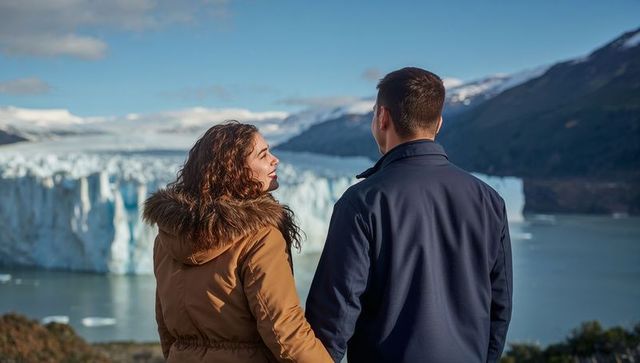 Couple Admiring Glacier Lake Viewpoint Wearing Fur-Trim Parka and Navy Jacket