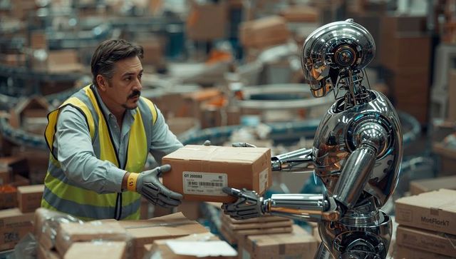 Worker collaborates with robot in futuristic warehouse environment