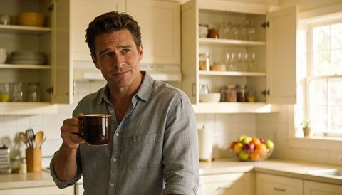 Sunlit morning man sipping coffee in cozy neutral-toned home kitchen