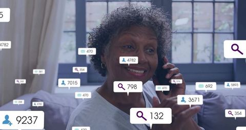 Senior woman talking on smartphone, floating social notifications for digital engagement
