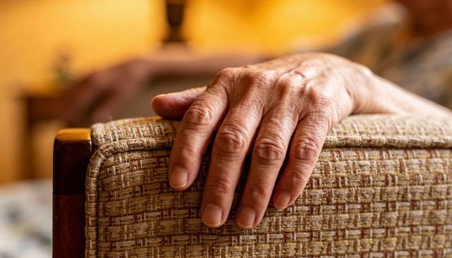 Resting senior hand on woven armchair armrest showing wrinkles, veins, warmth and comfort