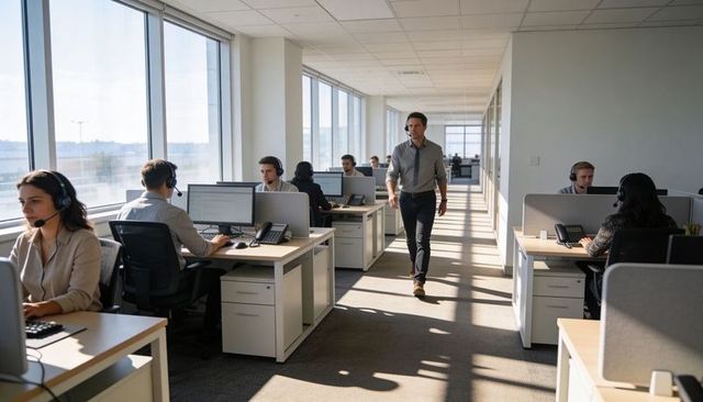 Manager walking through modern open-plan office with headset team and natural daylight