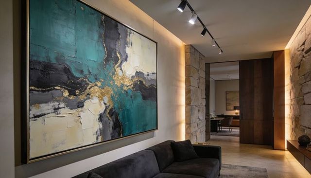 Modern entry hall featuring large teal and gold abstract painting over charcoal sofa