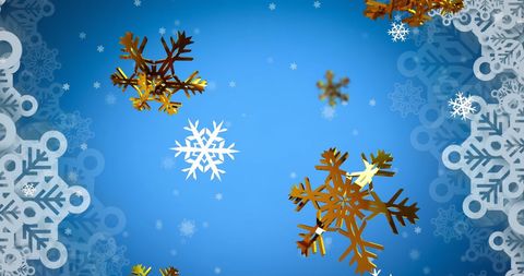Golden Snowflakes Against Blue Festive Background