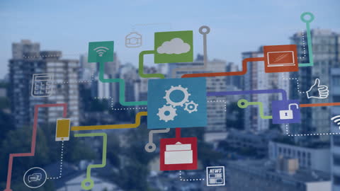 Digital Network Icons Interconnected with Cityscape Background