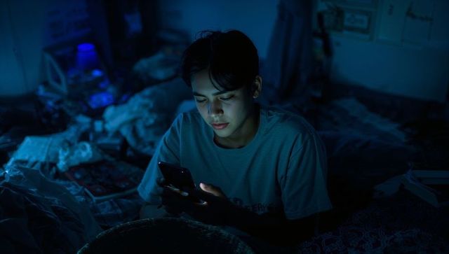 Asian male scrolling smartphone on unmade bed at night with moody blue lamp and messy room
