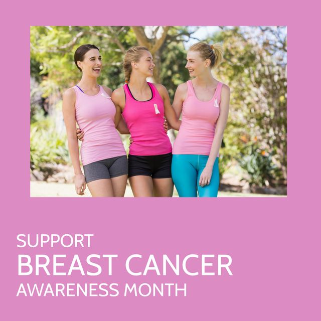 Group of smiling Caucasian female friends dressed in pink attire supporting Breast Cancer Awareness Month. They are engaging in an outdoor activity, showcasing unity and community engagement. Ideal for campaigns promoting breast cancer awareness, wellness, and health initiatives focusing on communal support and healthy lifestyles.