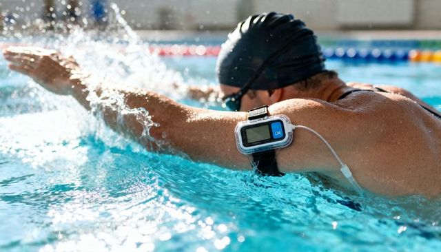 Male swimmer wearing waterproof armband and earbuds cutting through sunlit lap pool training