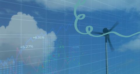 Wind turbine and growth graphs reflecting renewable investment trends