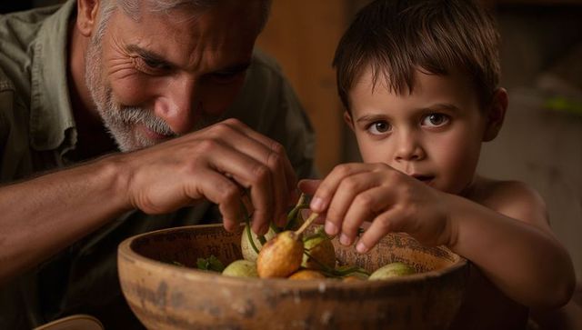 Grandfather and grandson picking pears in rustic kitchen, sharing warm intergenerational bond